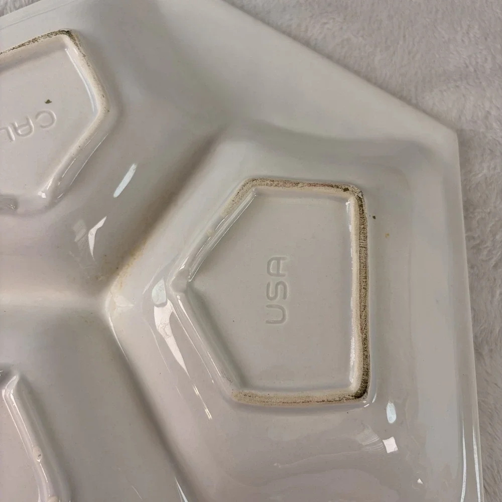 Vintage 60s California Pottery White Hexagon Divided Serving Dish L 204 MCM USA